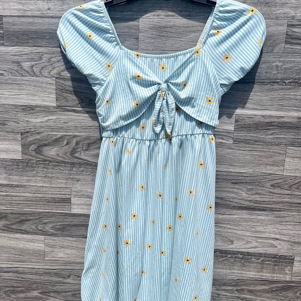 Blue Striped Kids Casual Dress with Floral Accents